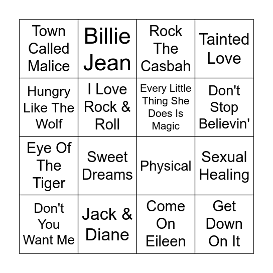 Songs of 1982 Bingo Card