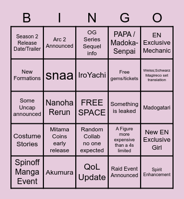MagiReco stream Bingo Card