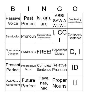 Grammar Bingo Card