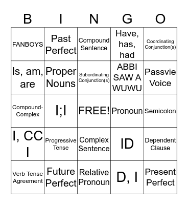 Grammar Bingo Card