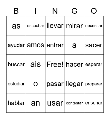 Spanish Words Bingo Card