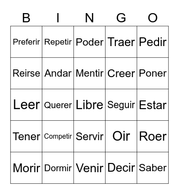Spanish Words Bingo Card