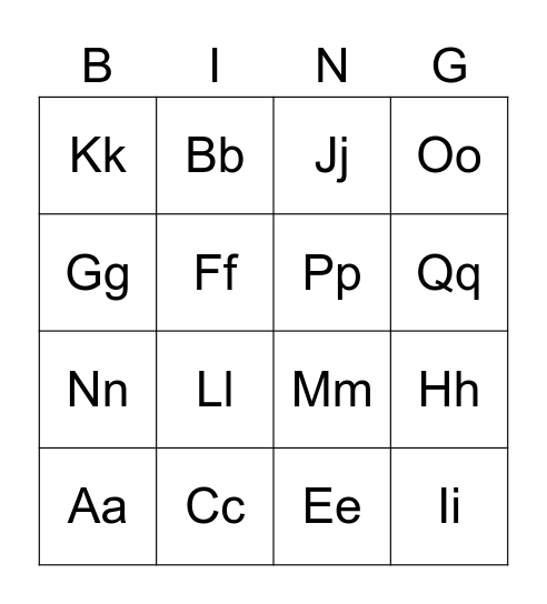 ABC Bingo  Bingo Card