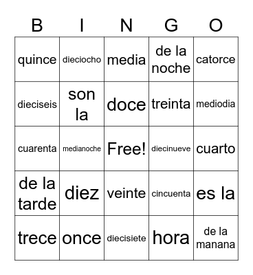 Spanish Words Bingo Card