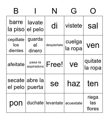Spanish Words Bingo Card