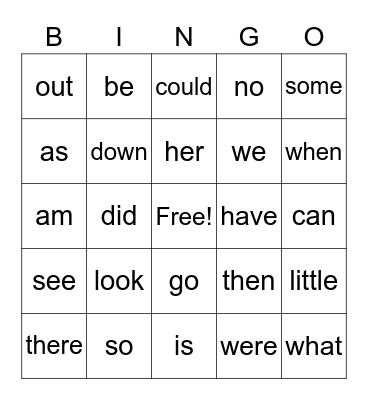 Sight Words Bingo Card