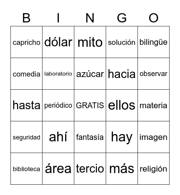 Spanish Words Bingo Card