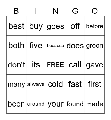 Sight Words Bingo Card