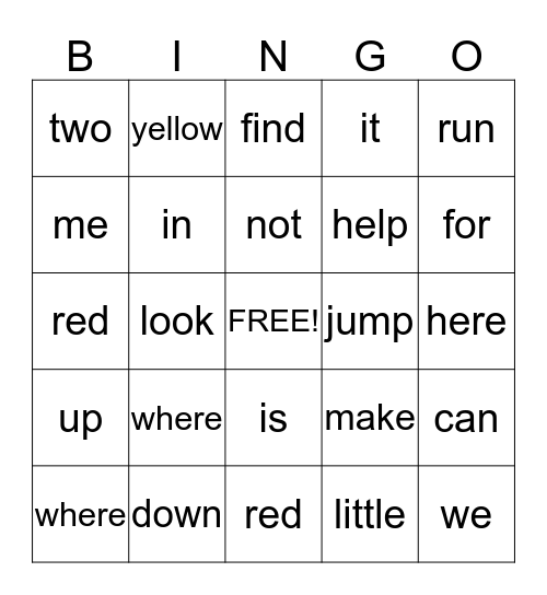 Dolch Words Pre-Primer Bingo Card