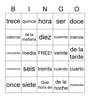 Spanish Words Bingo Card