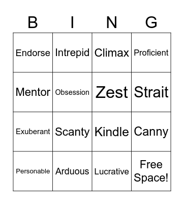 Vocabulary Bingo Card