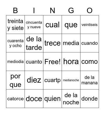 Spanish Words Bingo Card
