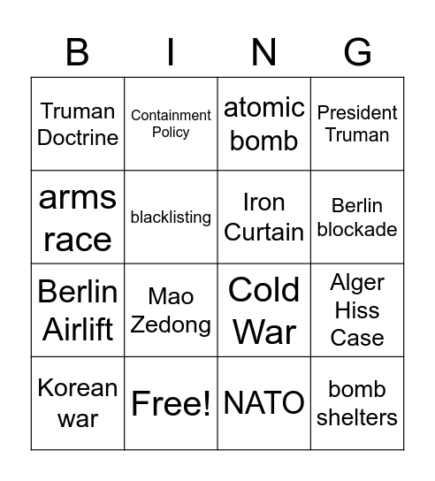 Cold War Bingo, Cold war bingo Card