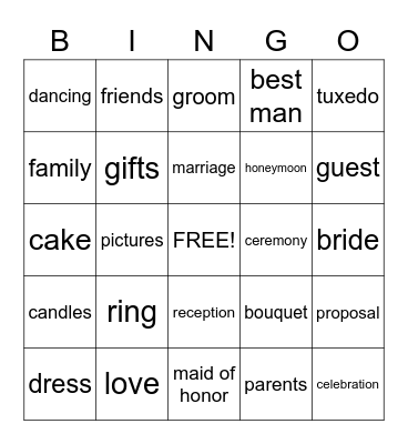 Whitney's Bridal Shower Bingo Card