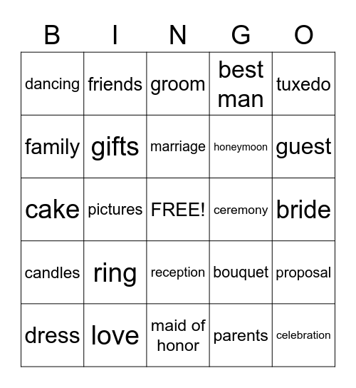 Whitney's Bridal Shower Bingo Card