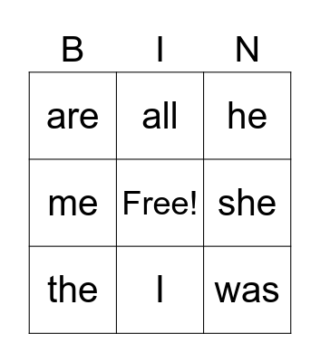 Sight Words Bingo Card