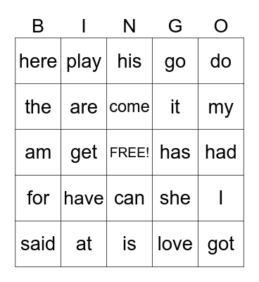 Sight Words Bingo Card