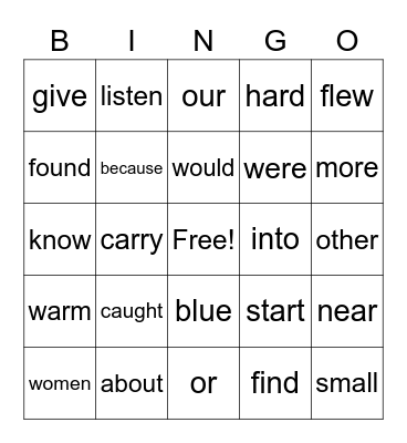 Sight Words Bingo Card