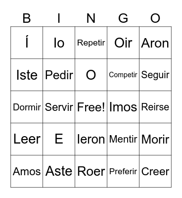 Spanish Words Bingo Card