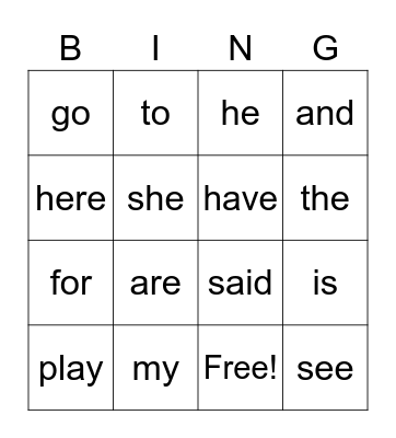 Sight Words Bingo Card