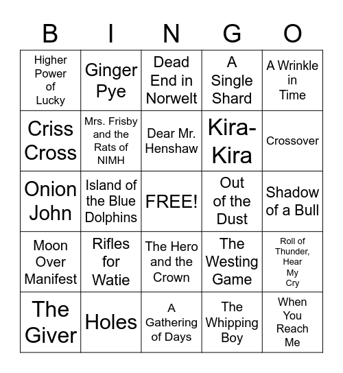 Newbery Bingo Card