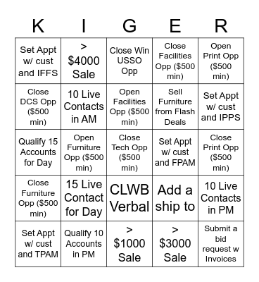 Cold Cash KIGER, Cold Cash Kiger Bingo Card
