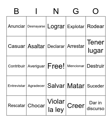Spanish Words Bingo Card