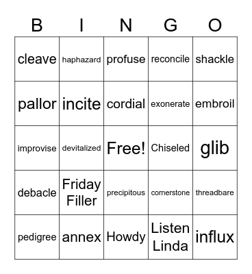 Vocabulary Bingo Card