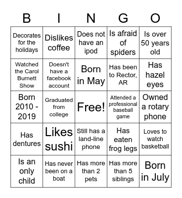 Family Reunion Bingo Card