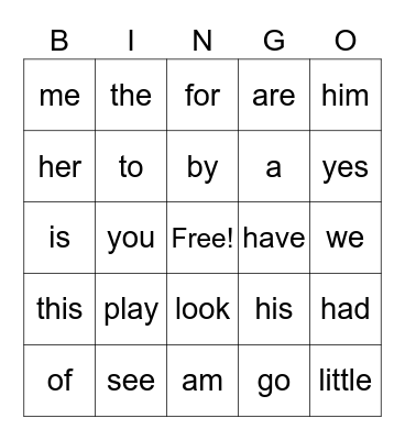 Sight Words Bingo Card