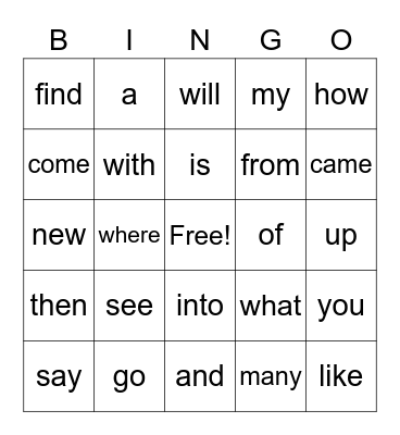 Sight Words Bingo Card