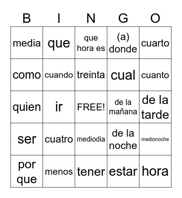 Spanish Words Bingo Card