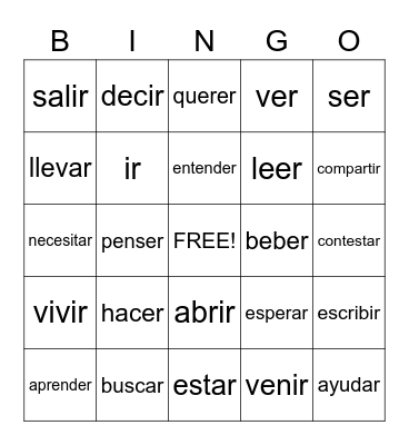 Spanish Words Bingo Card