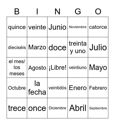 Español Bingo Card