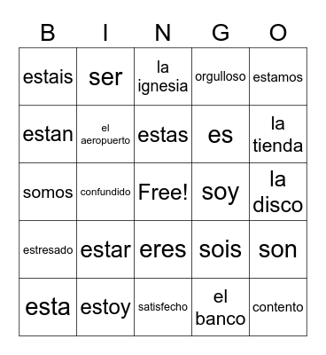 Spanish Words Bingo Card