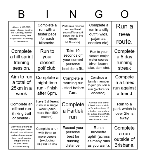 UQ SRC Running Bingo Card