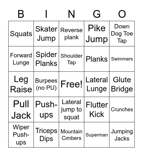 Exercise BINGO Card