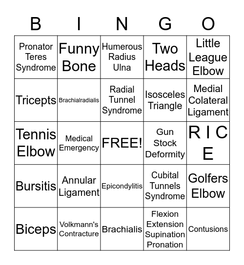 Elbow Bingo  Bingo Card
