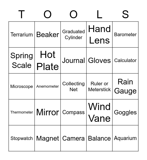 Science Tools Bingo Card