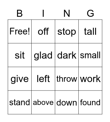 Antonyms Bingo Card