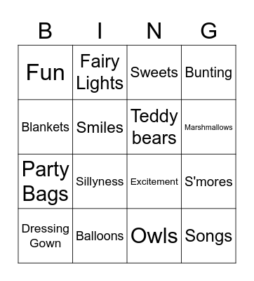 Brownie Sleepover Bingo Card