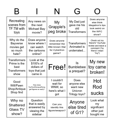 r/Transformers Bingo Card