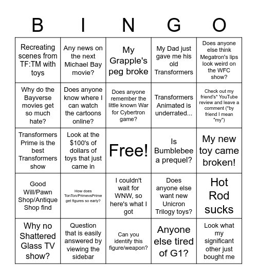 r/Transformers Bingo Card