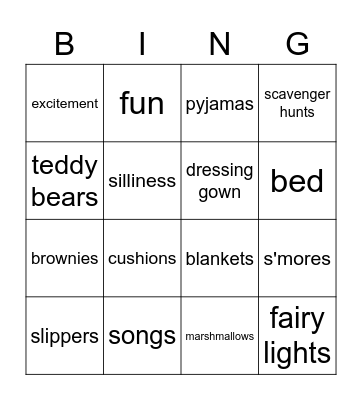 Brownie Sleepover Bingo Card