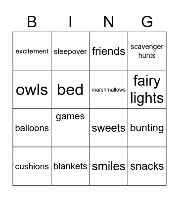 Brownie Sleepover Bingo Card