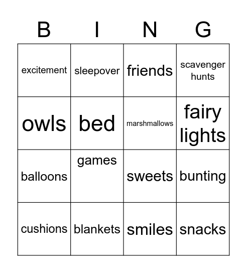 Brownie Sleepover Bingo Card