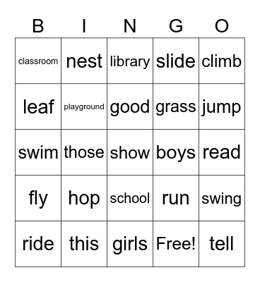 English Words Bingo Card