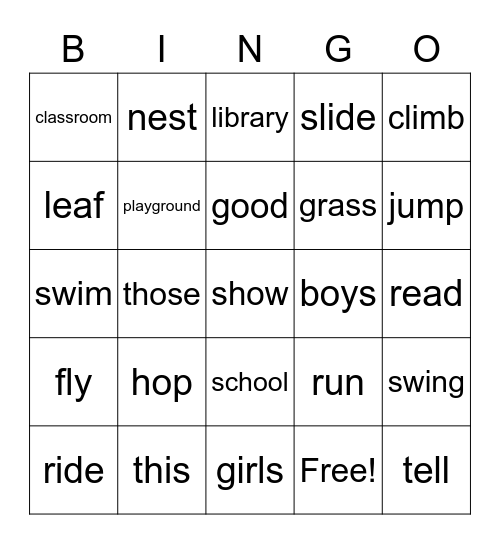 English Words Bingo Card