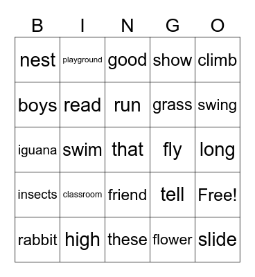 English Words Bingo Card