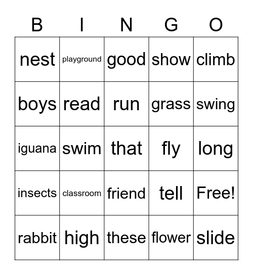 English Words Bingo Card
